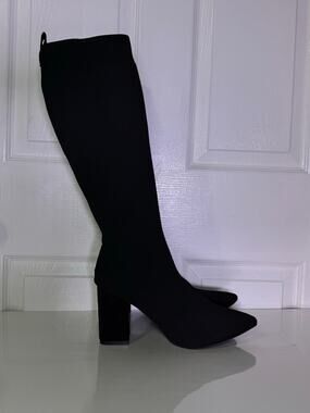 Black Knit Sock Boots Pointed Toe Block Heel EUR 41 US 9.5